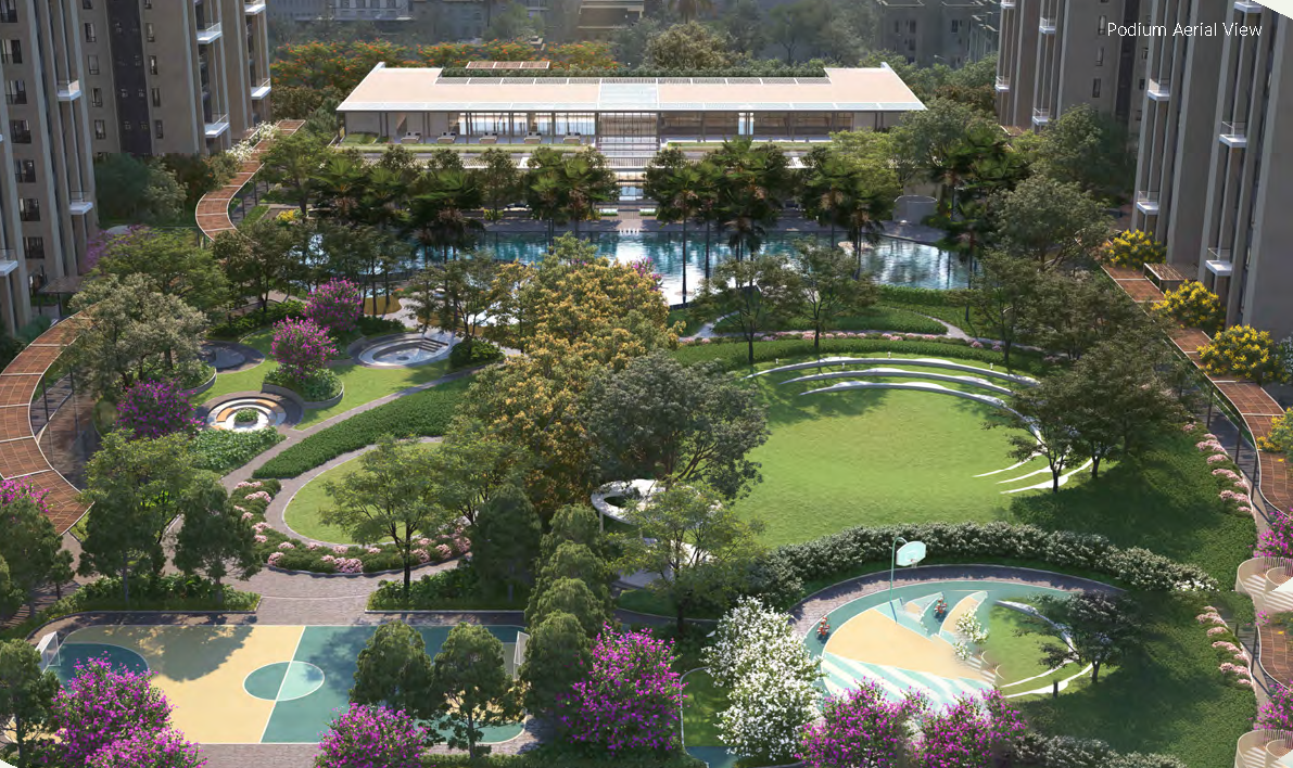 Aerial view of the podium clubhouse, pool and landscaped gardens